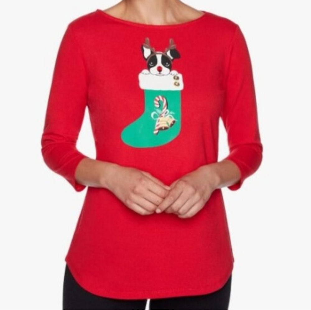 RUBY RD. 3/4 SLEEVE HOLIDAY TOP GRAPHIC FRENCHIE DOG IN STOCKING Y2K NWT SMALL
